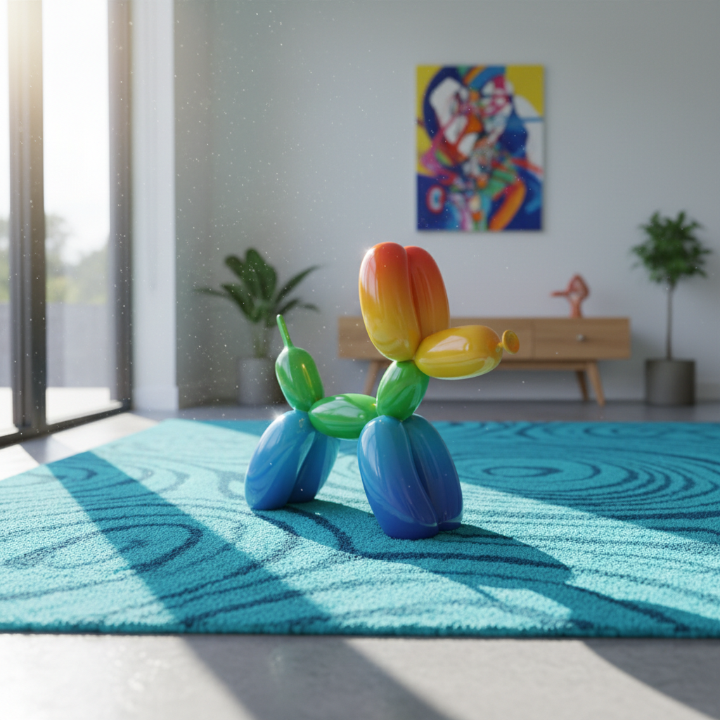 A plump, brightly colored balloon dog sculpture with a high-gloss finish, its rounded forms catching rainbow reflections, rests on a smooth, swirling turquoise rug in the middle of a sun-drenched contemporary living room. Sunlight pours in through a large window, casting crisp, whimsical shadows on the floor and imbuing the scene with a joyful, animated vibe. Captured from a low-angle perspective, the composition employs rule of thirds, with sharp focus on the sculpture and a slight bokeh on the vibrant, patterned background. The photographic image style is energetic and playful, echoing the site’s bold embrace of transformation and fun.